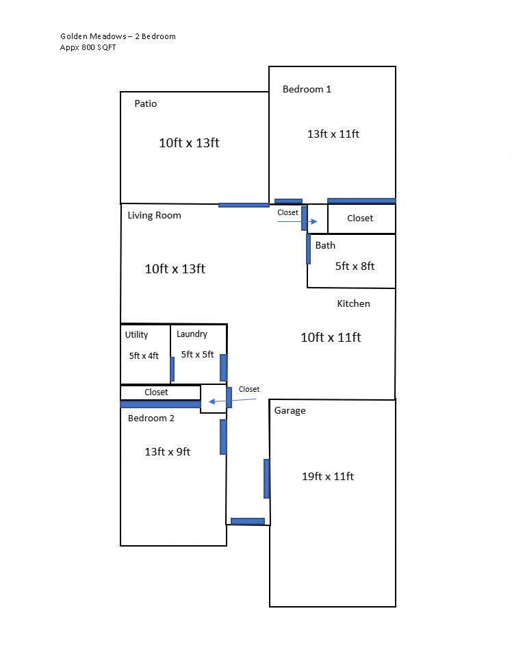Floor plan for 2 beds, 1 bath, 824 sqft